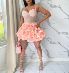 Mesh Rhinestone Tutu Dress Sexy Women Spaghetti Strap Bodycon See Through Diamond Club Cake Dress