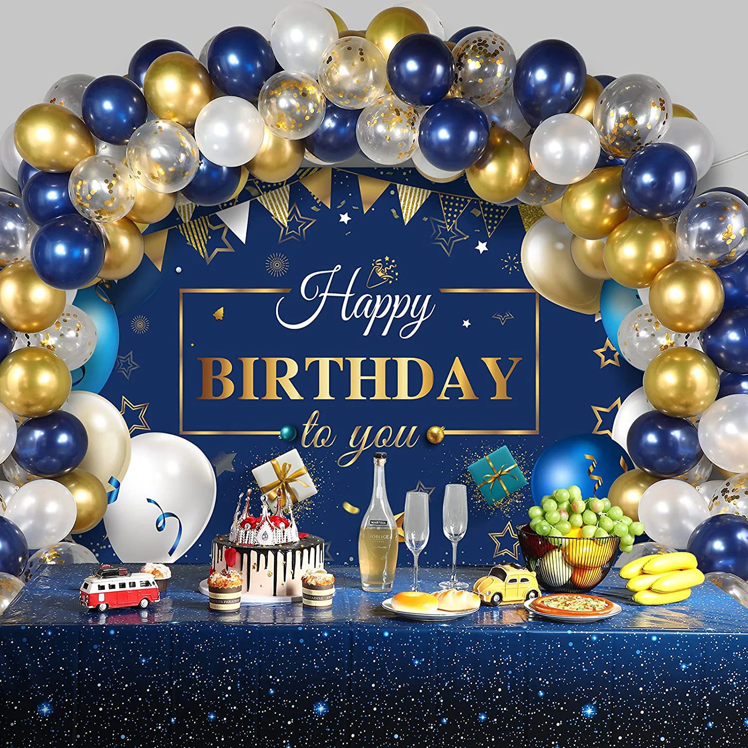Guoqing Navy Blue Happy Birthday Banner with Balloons Boys and Girls Birthday 
