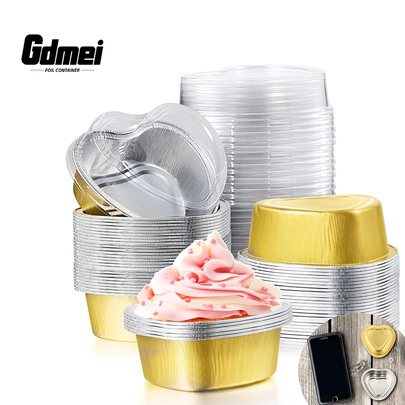 GDMEI Food Grade Valentine's Day 100ml Gold Mini Loaf Pans Heart Shape Aluminum Foil Cake Containers With PET Lids