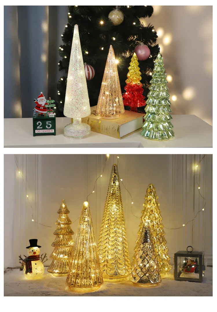 Árbol de Navidad de cristal con iluminación LED, decoración de mesa de cristal de mercurio para árbol de Navidad, proveedor de ceremonia de fiesta