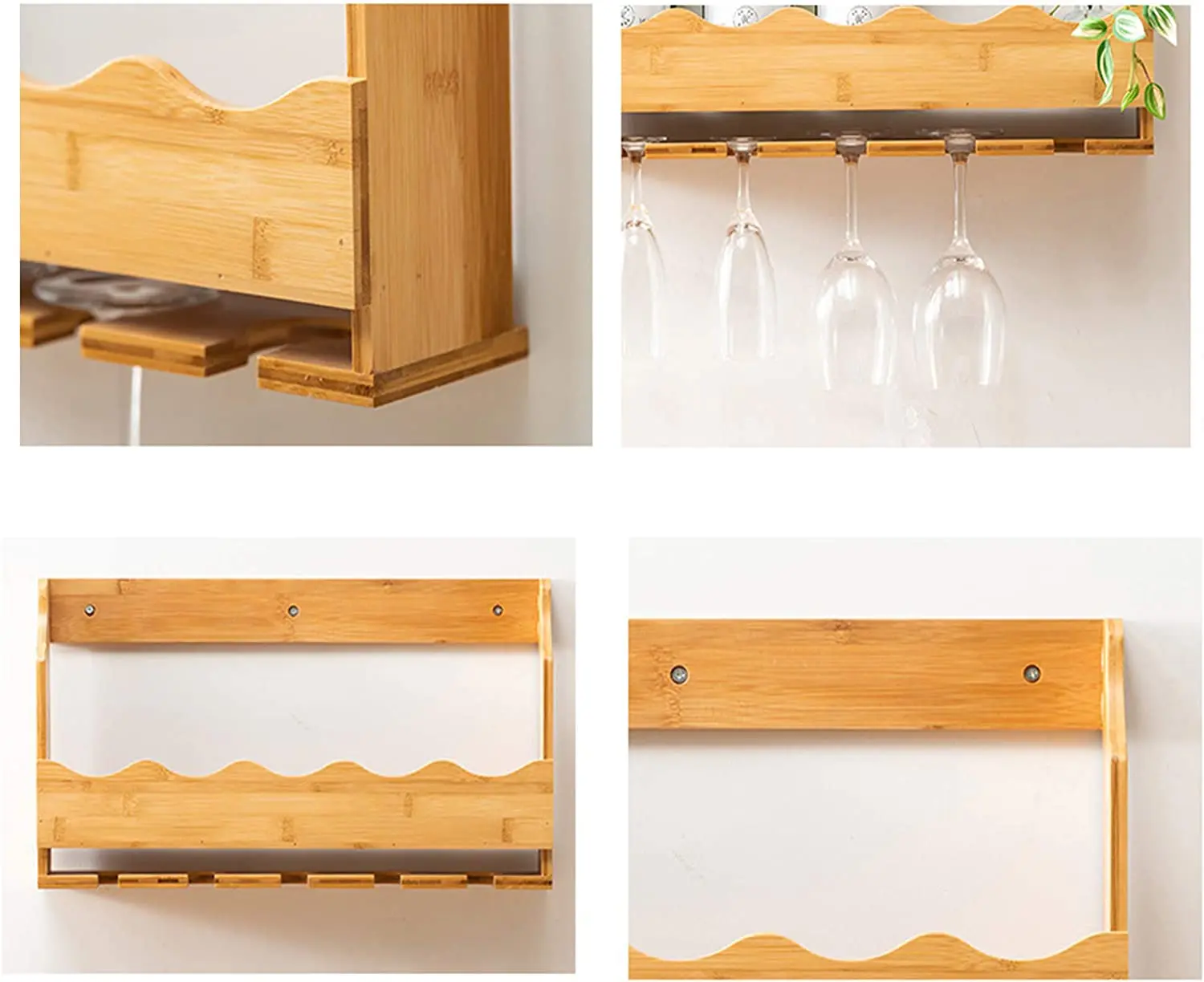 product wood wine bottles holder wall mounted bamboo wine rack with hanging stemware glasses set-1