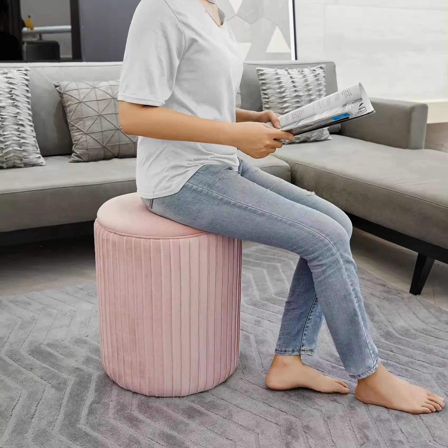 lnexpensive VELVET+MDF+WOOD+FOAM Ottoman Dressing Round Stool Pink VelvetOttoman Chair Sitting Room