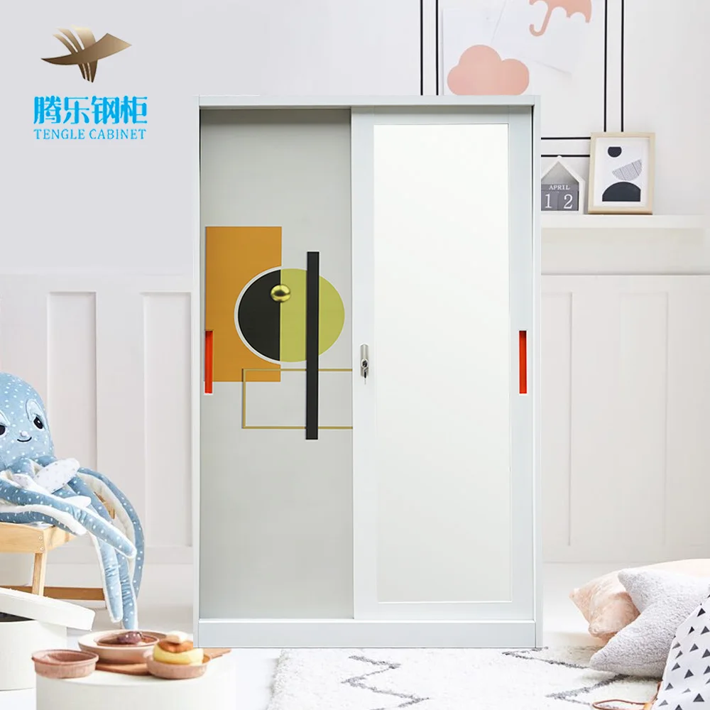 Bedroom Wardrobe 2 Sliding Doors Metal Wardrobe Printed Steel Iron Closet Wardrobe with mirror Steel Cabinet For Home