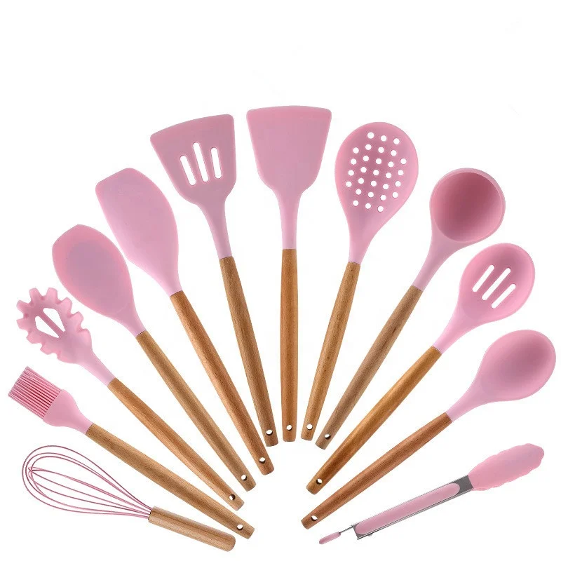 2020 Hot Sale 12 Piece  Wood Handle Silicone Spatulas Accessories Cooking Tools Set Kitchen Utensils