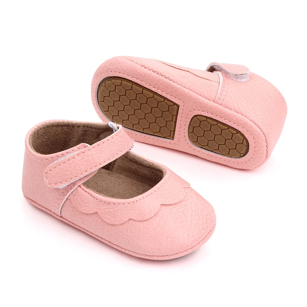 Solid Color PU Leather Top Wave Lace Baby Girls Non-slip Soft Soled Princess Toddler Shoes factory