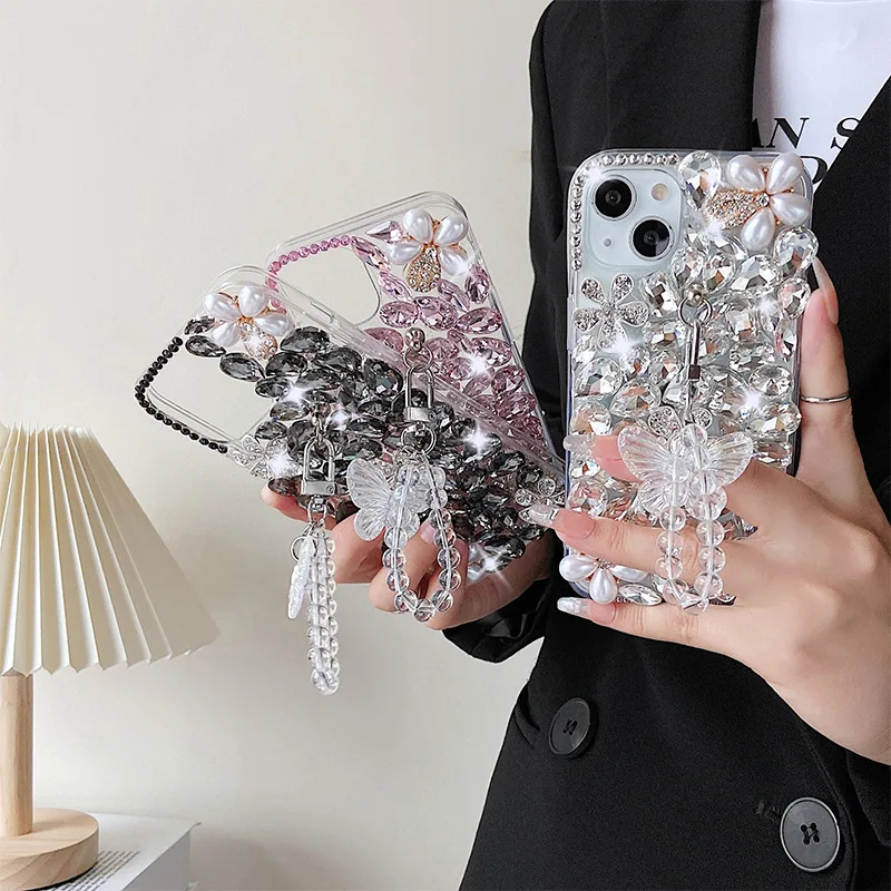 Luxury Rhinestone Butterfly Chain Phone Case Covers for iPhone 15 14 13 12 mini 8 7 Samsung S24 S23 A13 A14 A25 A34 A54