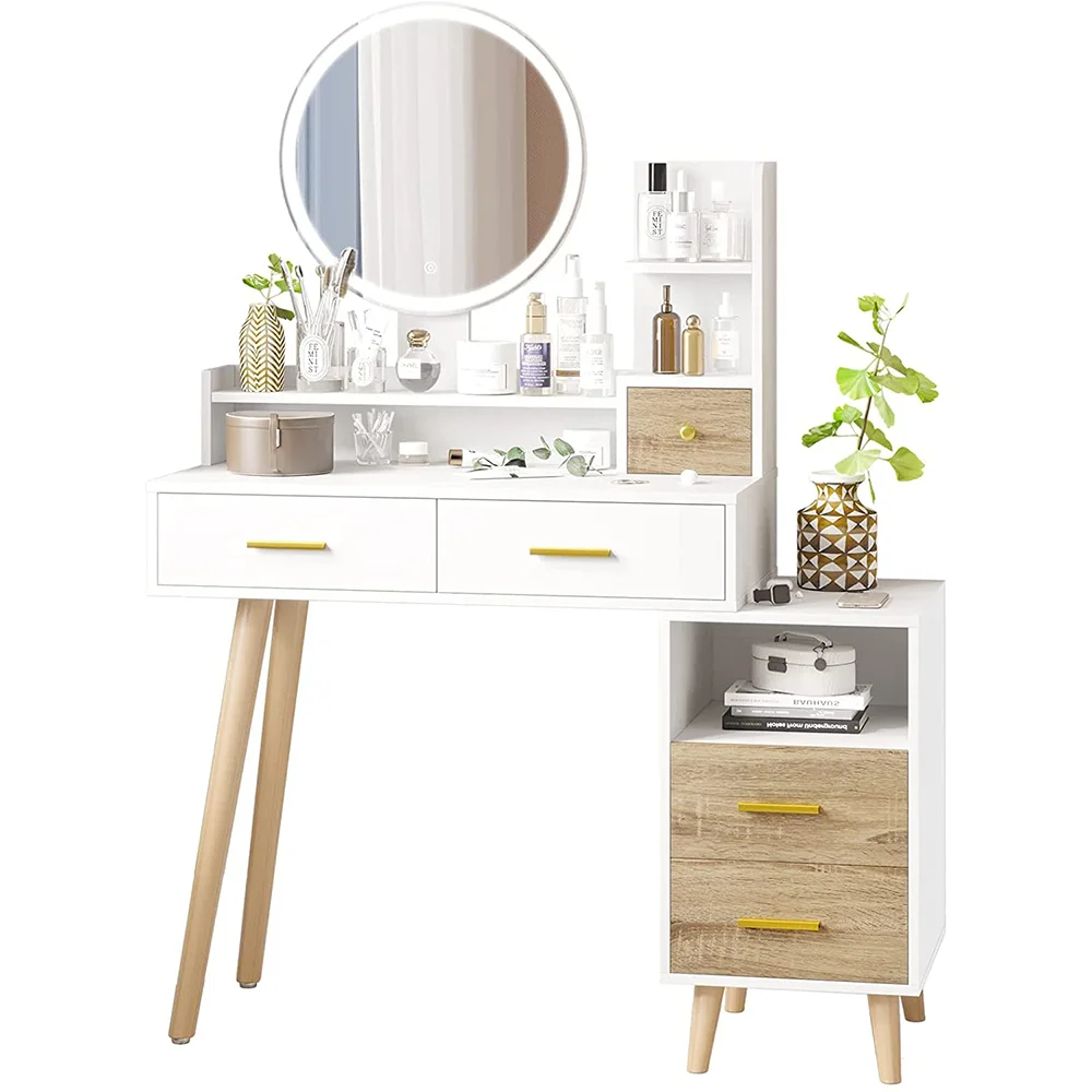 Modern Luxury Dressing Table Vanity with Smart Lighted Mirror Wood Panel for Bedroom Usage Smart Storage Makeup Vanity manufacture