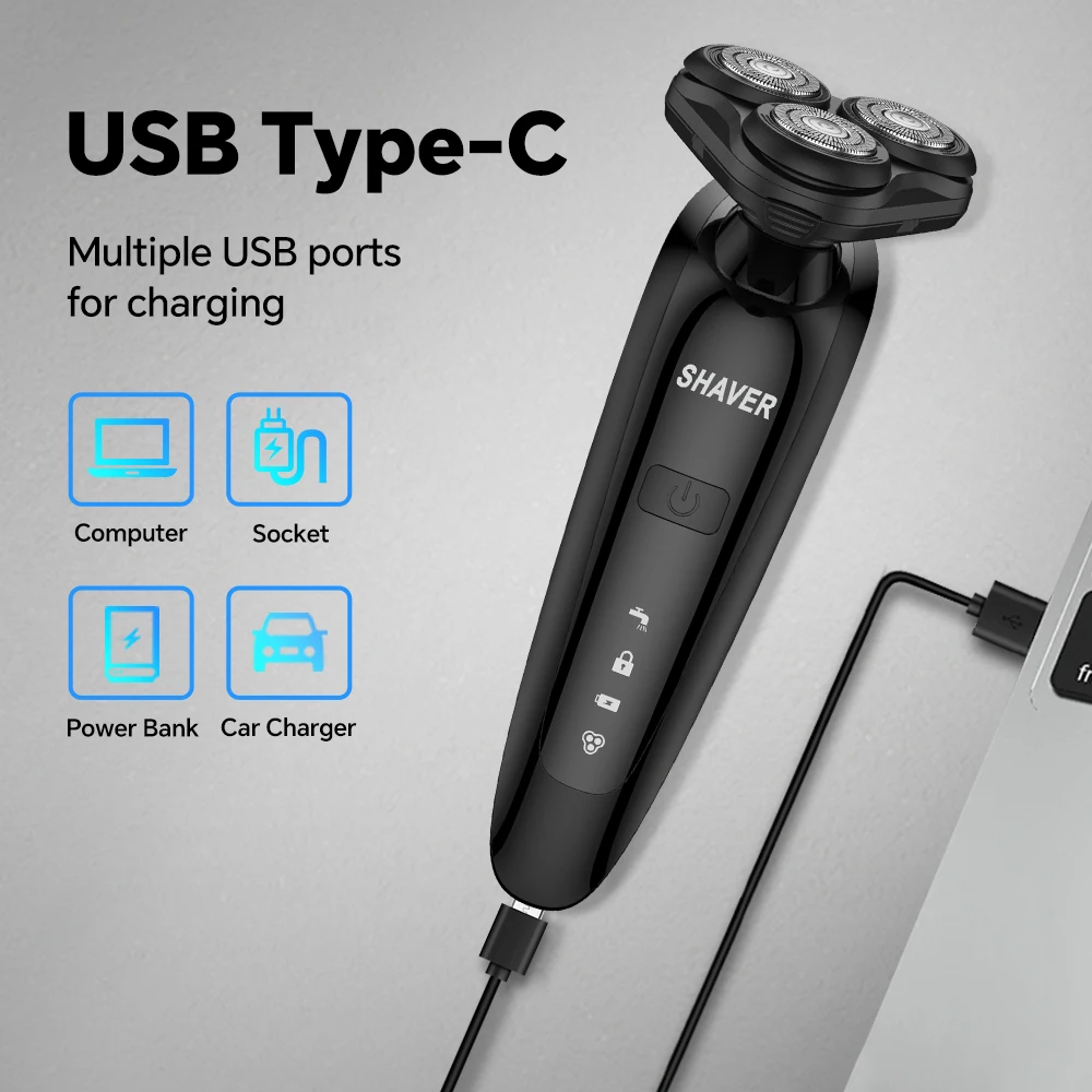 Three-Blade Stainless Steel Rotary Electric Shaver Waterproof Blade with TYPE-C Charging Floating Design for Household RV Use details