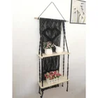 Amazon Home Decoration 2 Layers Pink Wood Slab Black Macrame Shelf