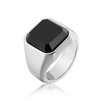 latest high quality silver gold stainless steel rings for men square black agate stone rings