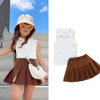 1-6Y Fashion Toddler Girls 2 Piece Clothes Sets Solid Turn Down Collar Sleeveless Vest Tops+Pleated Skirts