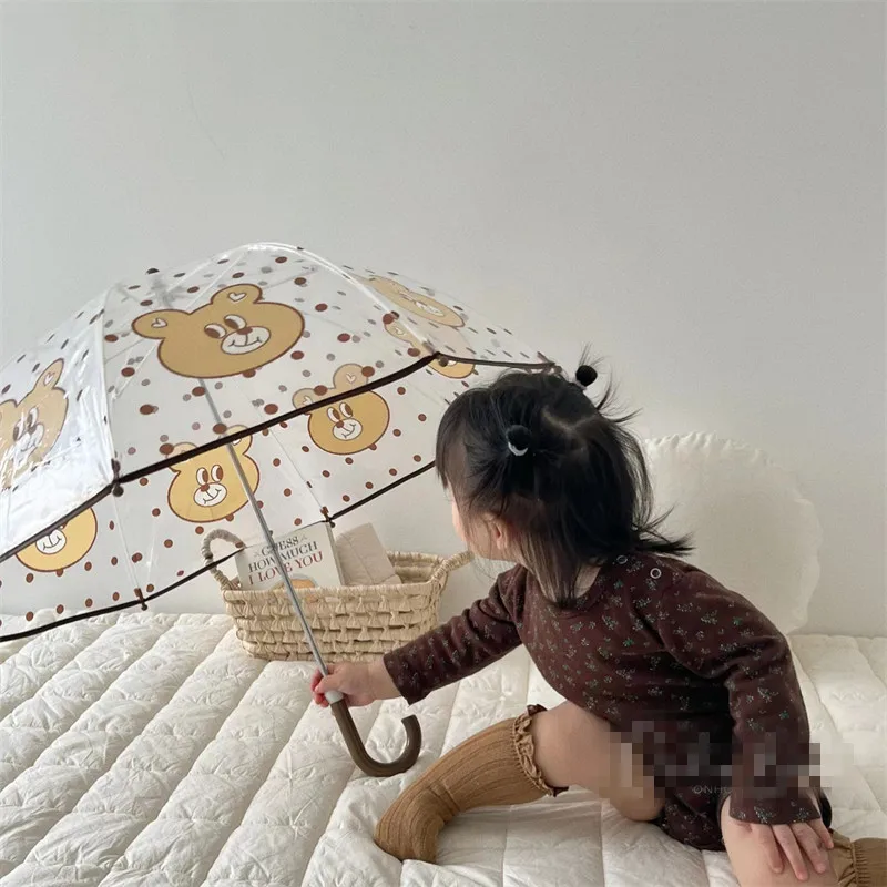 GG412 Korea Style Coffee Bear Flower Pattern Printing Transparent Umbrellas Straight Rod Long Handle Kids Umbrella