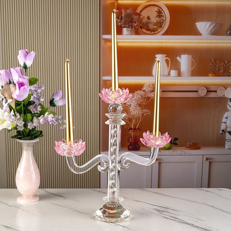 product small bridge glass high long handle three arm flower shaped candle holder wedding center home decoration candle holder-6