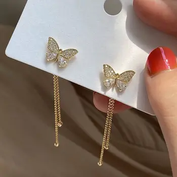 2022 Fashion Korean Cute Designer Gold Plated S925 Needle Crystal Butterfly Tassel Drop Earrings for Women Jewelry