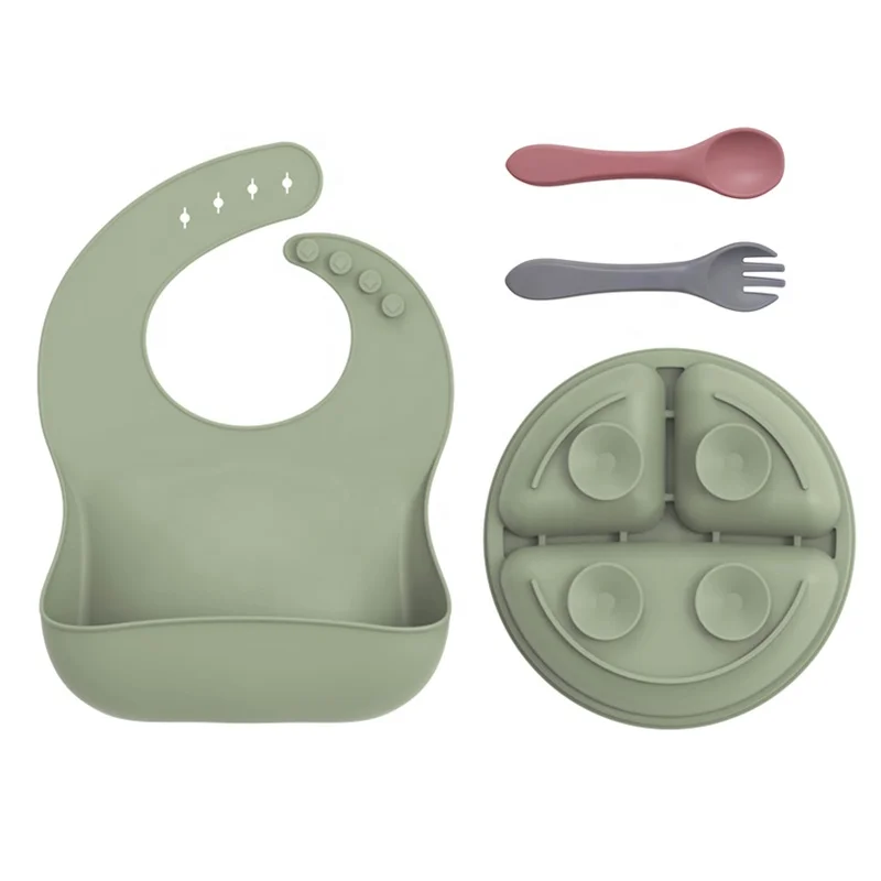 Manufacturer Wholesale Custom Baby Plate Set Silicon Divider Suction Plate Set with Suction Cup Silicone Baby Bib Spoon and Fork