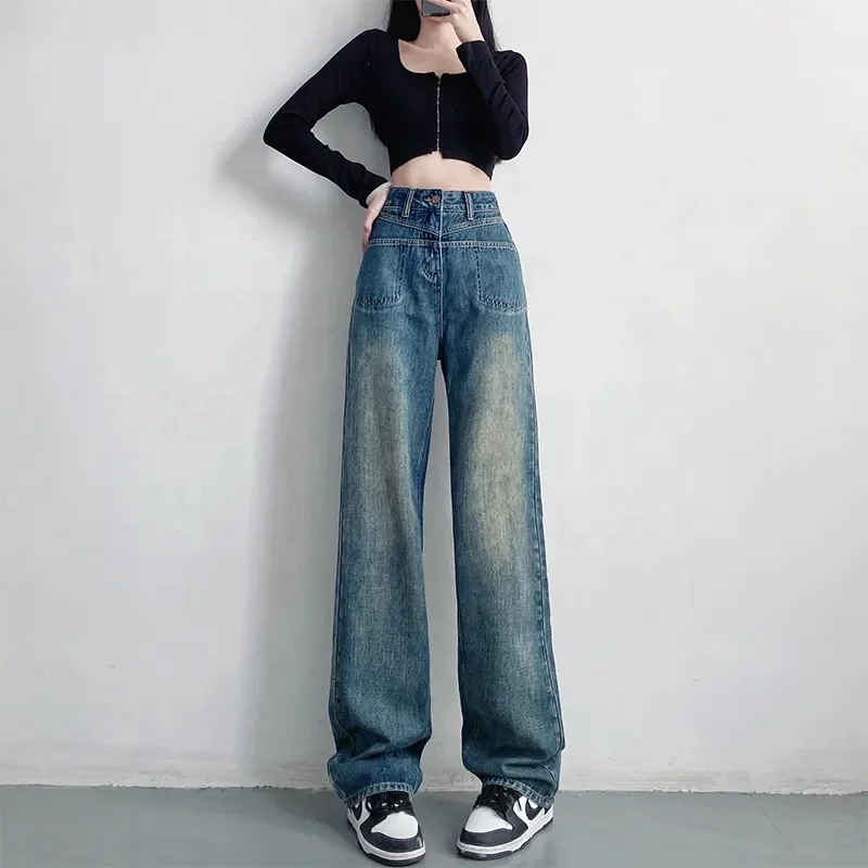 2024 Wholesale Fashionable Comfortable Versatile Ripped Jeans Women High Waist Wide Leg Pants Women's Denim Jeans