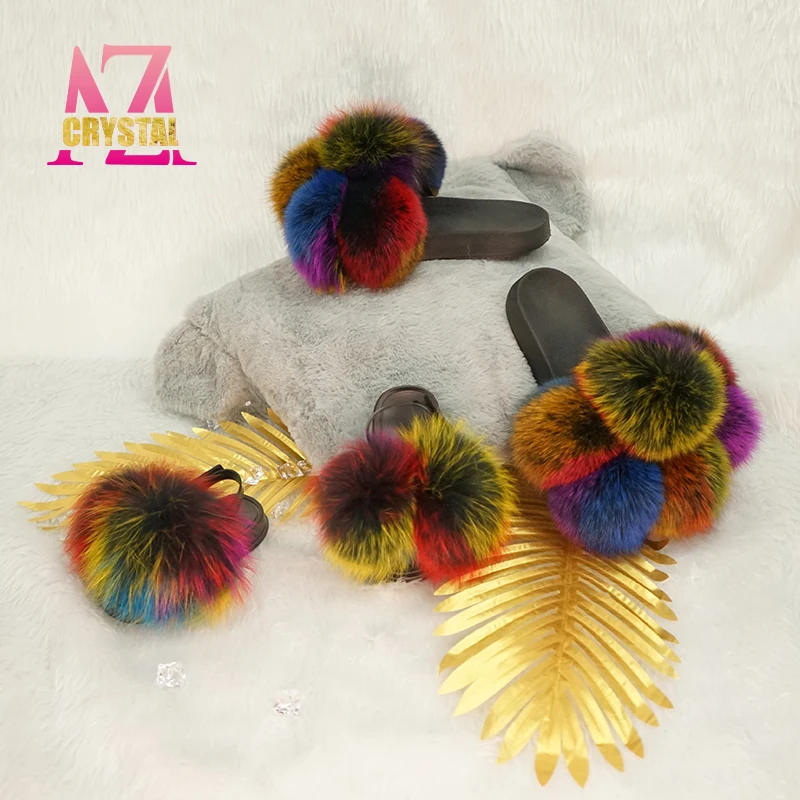 USA MZ Accept customized color popular big fox fur ball slides kids fur slippers women fluffy sandals mommy and me fur slides