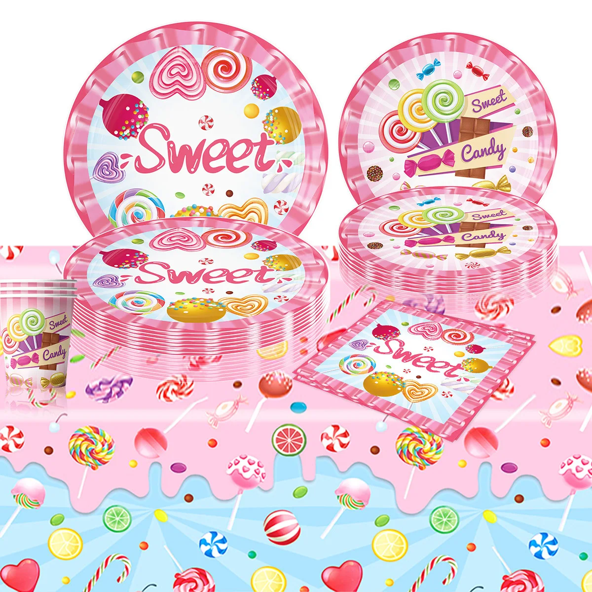 Pink candy lollipop theme children's birthday disposable paper plate paper towel set tableware party decoration supplies