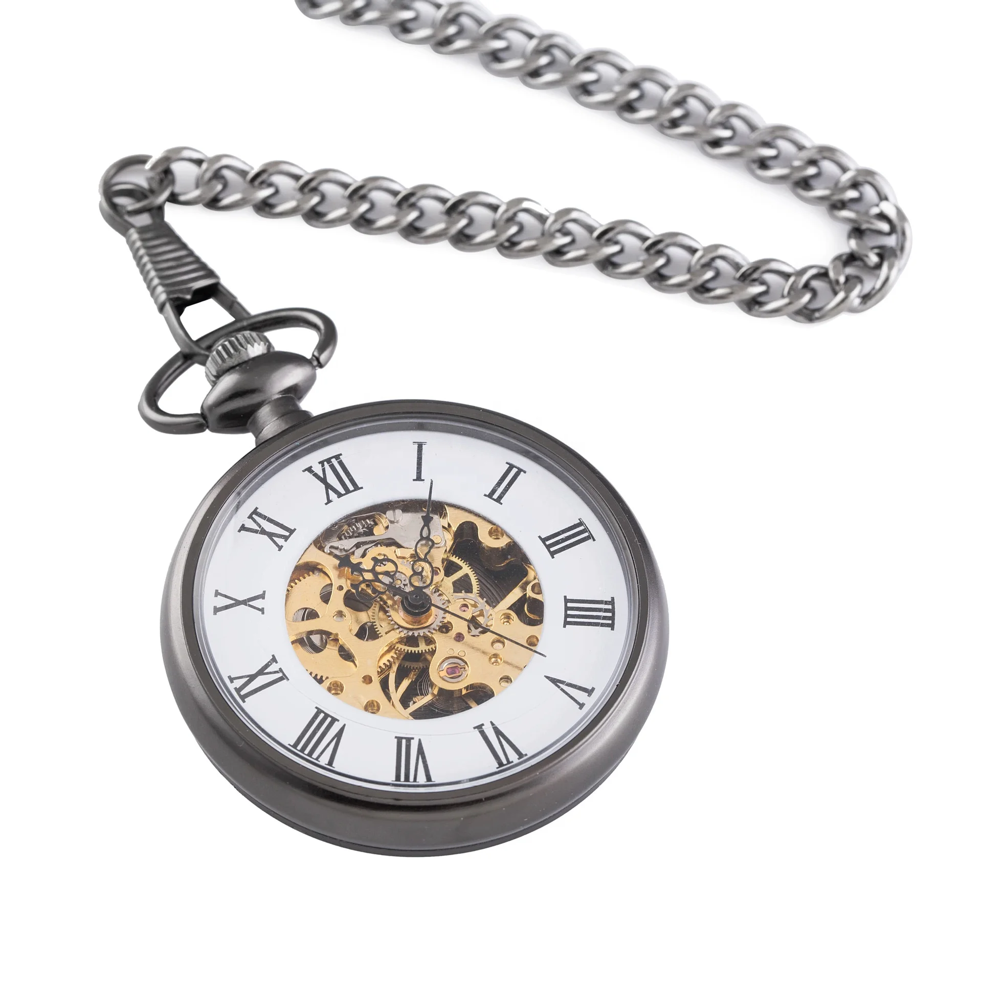 roman numerals dial skeleton gears mechanical pocket watches