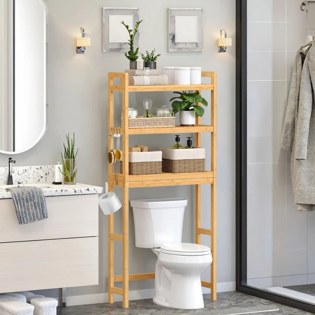 product bamboo toilet storage rack space saving over toilet shelf bathroom space saving organizer home bathroom accessory holder-2