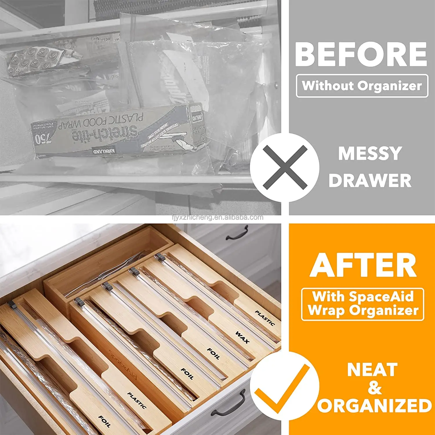 product 4 in 1 wrap dispenser with cutter and labels aluminum foil and wax paper dispenser for kitchen drawer bamboo rol-2