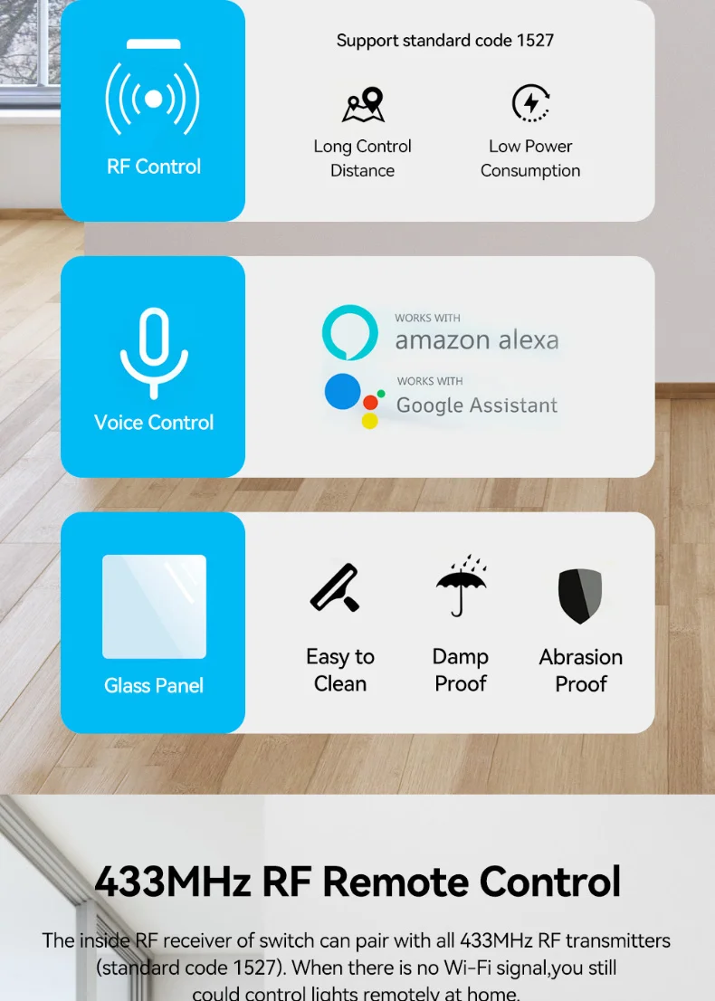 EU 1/2/3 Gang Tuya WiFi Smart RF433 Remote Control Touch Panel Wall Switch Support Voice Control