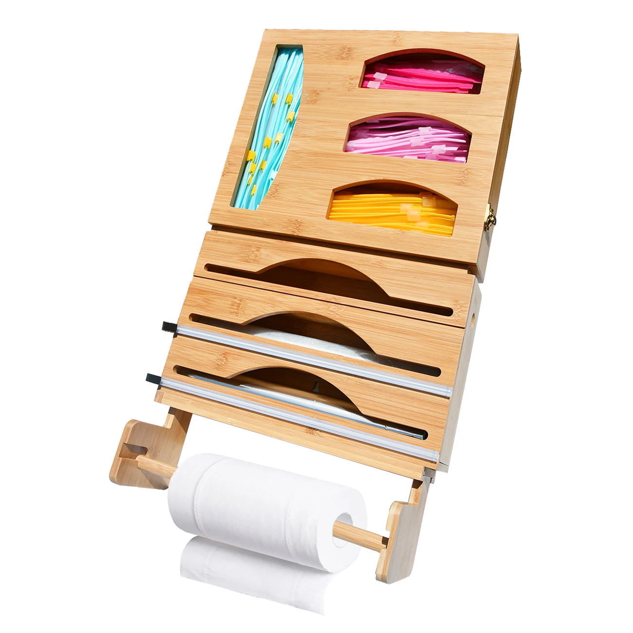 8 in 1 Bamboo Ziplock Bag Storage Organizer and Cling Film Wrap Dispenser with Paper Holder for Home & Kitchen