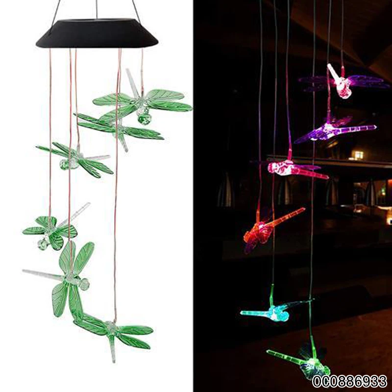 Dragonfly shape wind chimes hanging decorations glass led pendant solar lamp for bedside living room