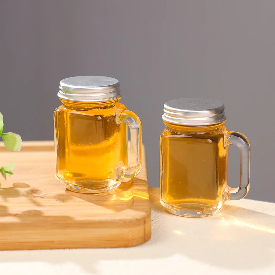 Reusable 30ml Mini Square Glass Mason Jar Bottle with Lid Handle for Coffee or Liquid for Kitchen Use