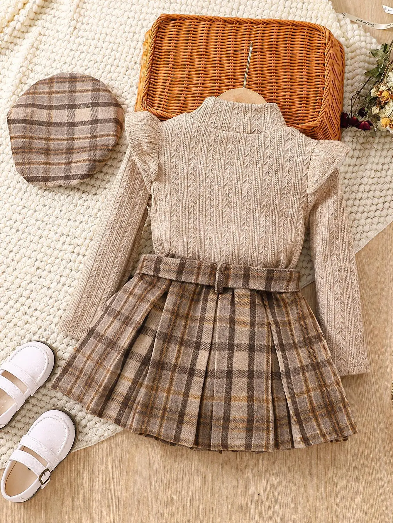 RTS Autumn toddler girls clothing long-sleeve lace collar plaid skirt belt beret set fashion casual outfits for kids