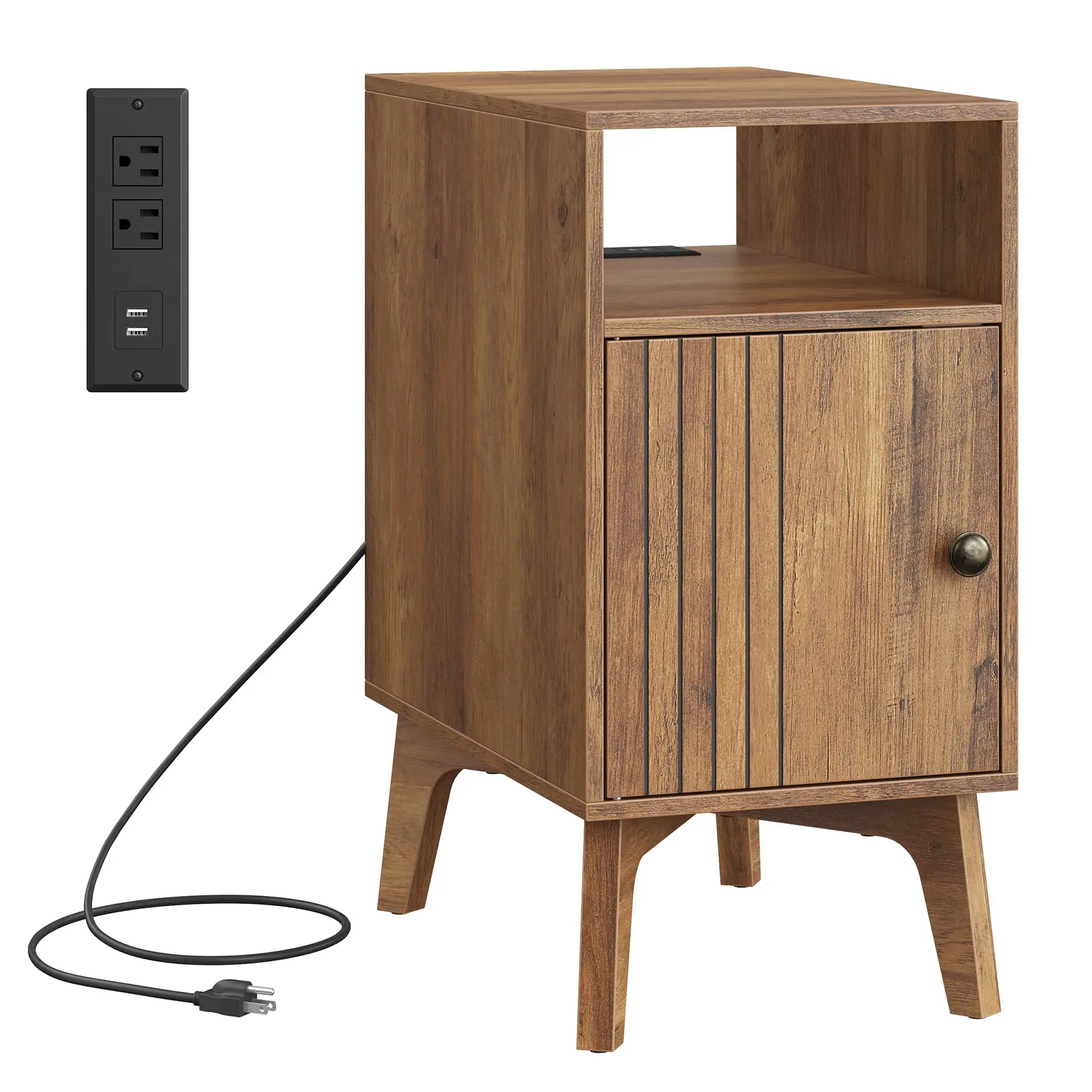 product mid century modern nightstand with charging station fluted wooden end table with usb ac outlets cabinet for bedroom living room-8