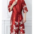 Kimono Factory Wholesale Men's Long Kimono Top Tie Coat Red Crowned Crane Printed Kimono Satin One-piece Pajamas