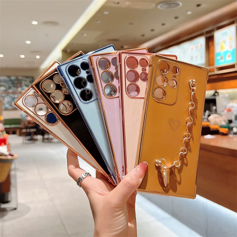 Lady Women Style Electroplating Love Heart Bracelet Phone Case Soft Shell for Samsung S24 S23U Galaxy S22 A15 A54