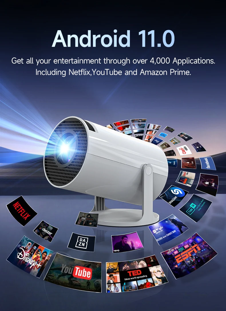 Transpeed 4K Wifi6 HY300 Pro Projecteur Android 11 150 ANSI Lumens Double WIFI BT5.0 720P Home Cinéma Projecteur Portable Extérieur