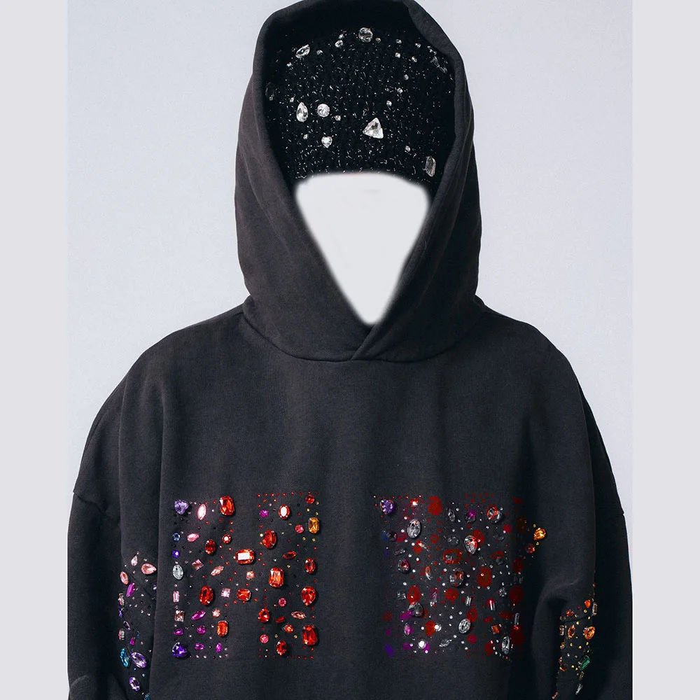 Clothing Manufacturers Streetwear Custom Unisex Stone Vintage Wash Men's Rhinestone Hoodie Sweatshirt for Men supplier