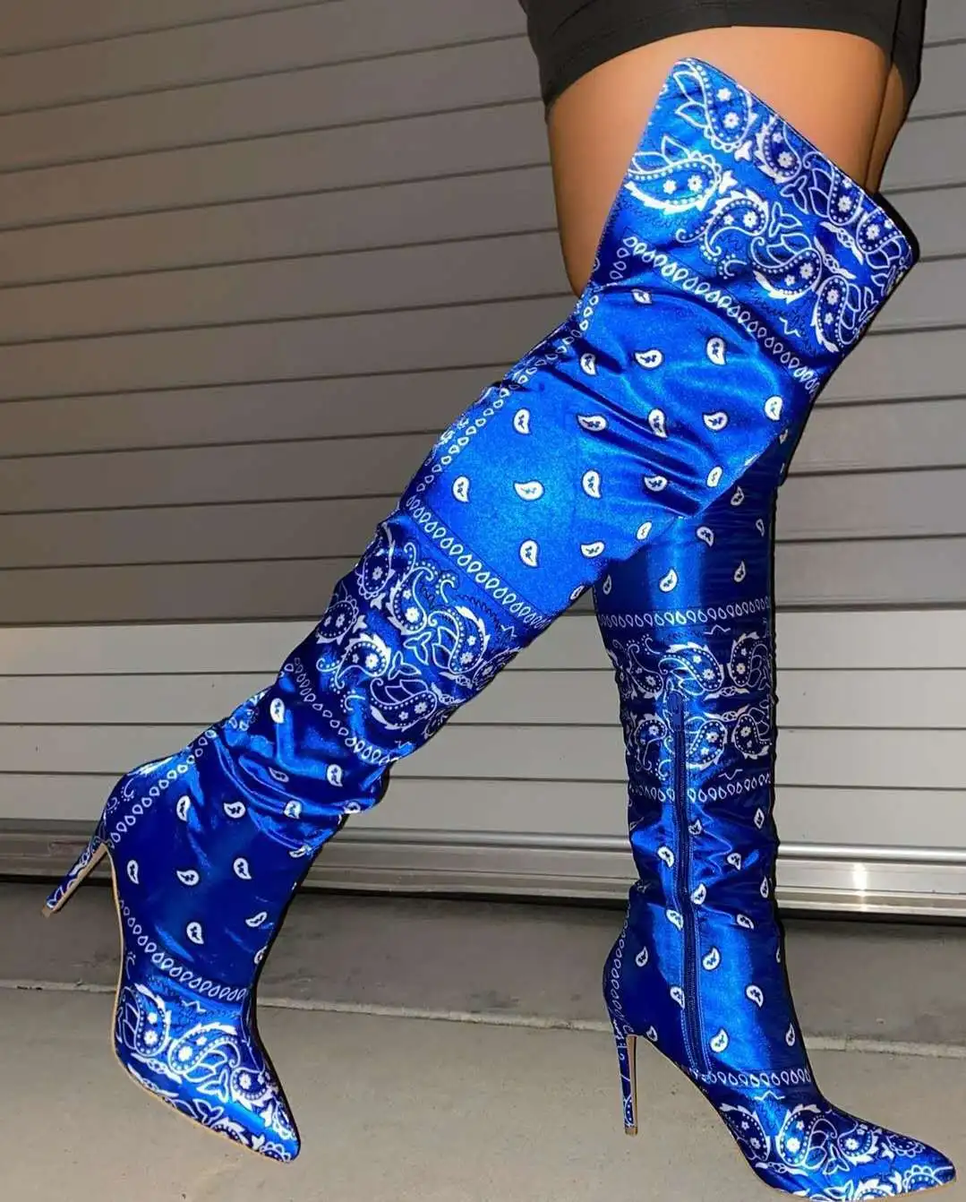 patterned thigh high boots