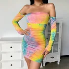 Skirt Long One-shoulder Long-sleeved Skirt Clothes Sexy Tie Dye Long Casual Ruched Girl Party Dresses