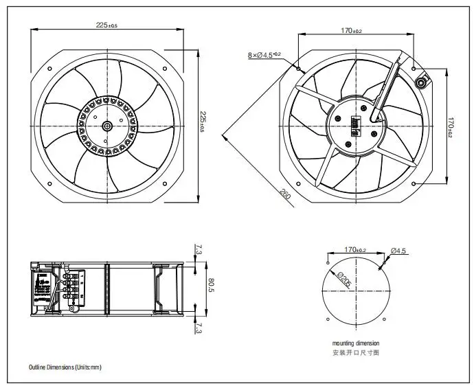 Axial Flow Cooling Fan, FJ22082MAB, 225x225x80mm, 600CFM - detail 2