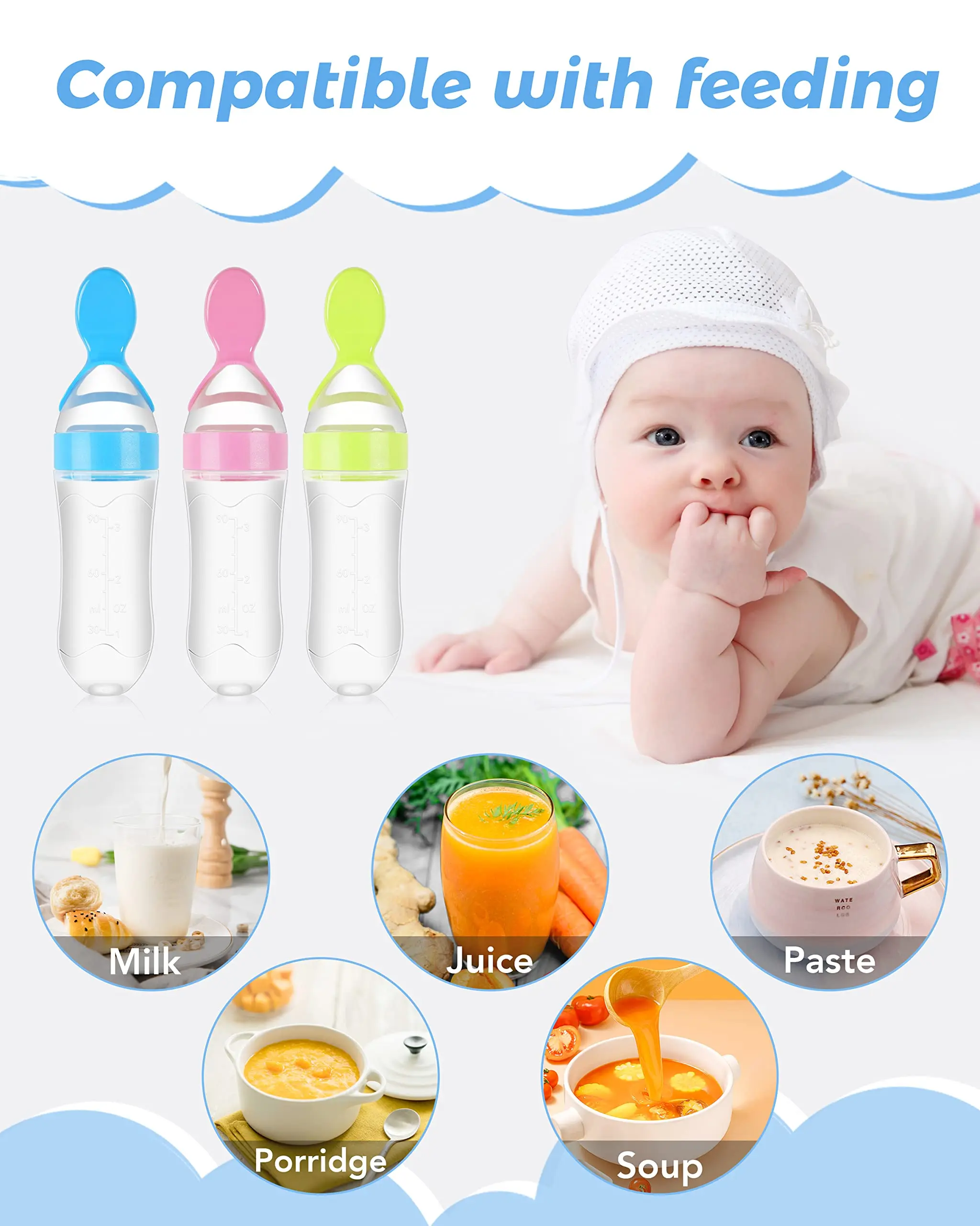 Silicone Squeeze Baby Feeding Bottle Food Rice Cereal Feeder with Spoon for 0-12 Months Water Bottles for Infant Care