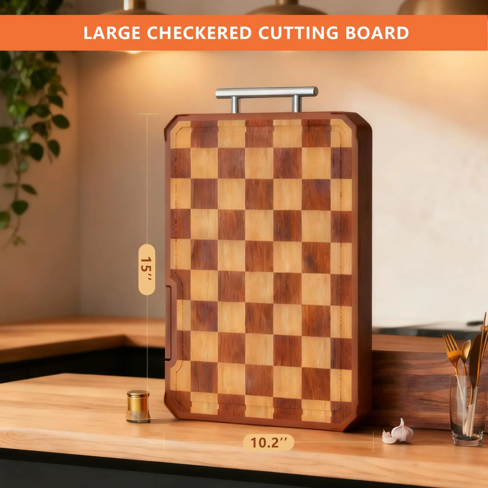 product custom wood cutting board with stand sharpener handle reversible grid pattern kitchen chopping block-6