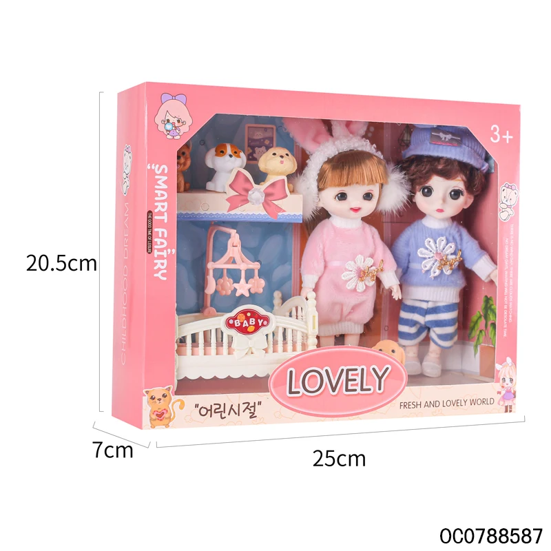 Plastic pink baby toy doll bed custom 6 inch baby dolls for girls cartoon toy with bed