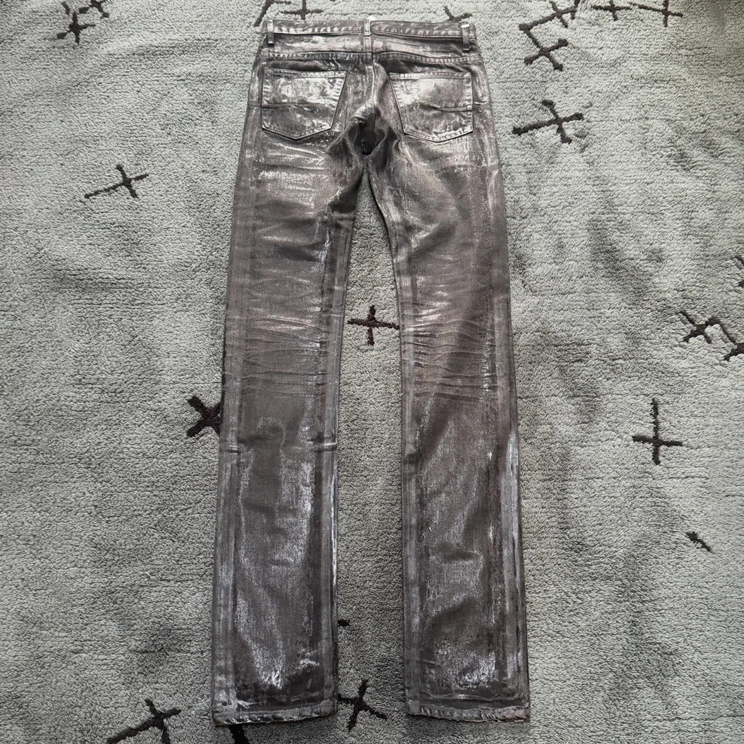 product high quality new designer brand men slim fit knitted wax coated denim pants distressed streetwear eco friendly custom oem-2