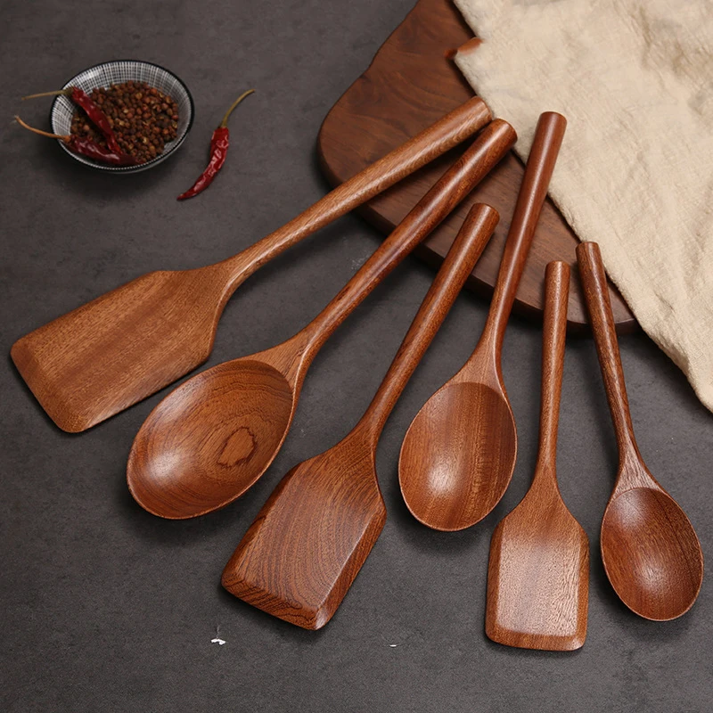 Wooden Spatulas for Cooking Nonstick Wood Kitchen Utensil Cooking Spoons Natural Teak Kitchen Utensils Set Of 6 PCS