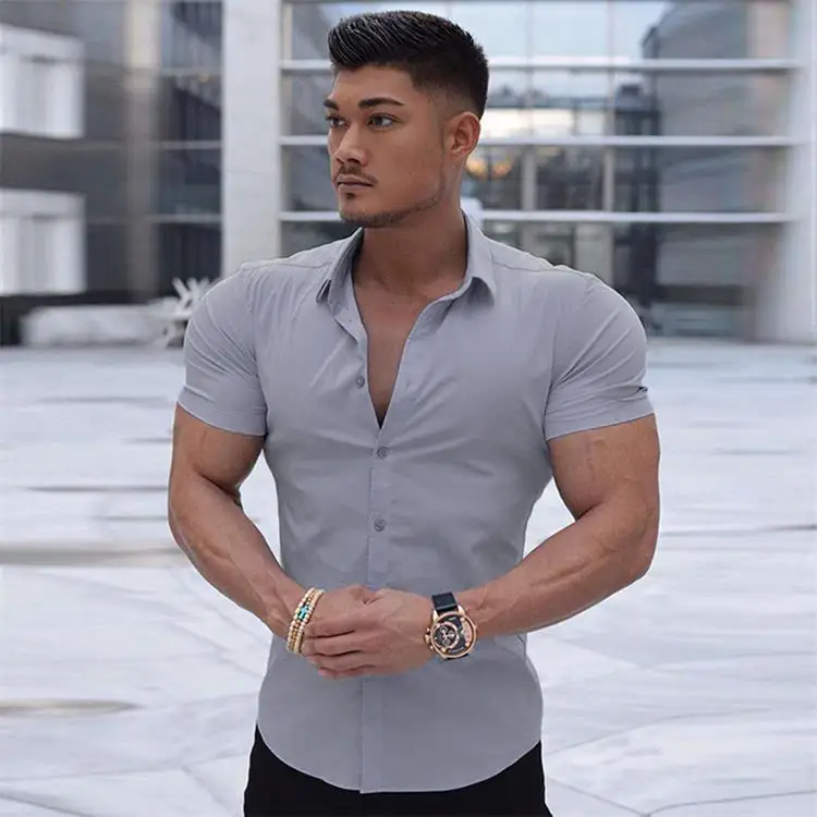 Muscular Men Stretch Shirt Stand Collar Short Sleeve Breathable Sports Cardigan Fitness Clothes