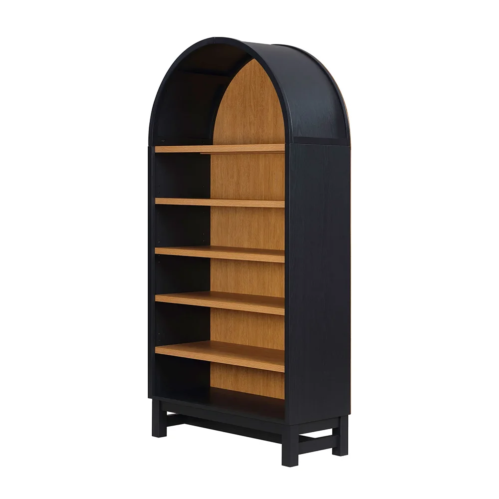 Rich Black and Light Honey Open Arched Top 6-Tier Wood Bookcase with 3 Adjustable and 2 Fixed Shelves details