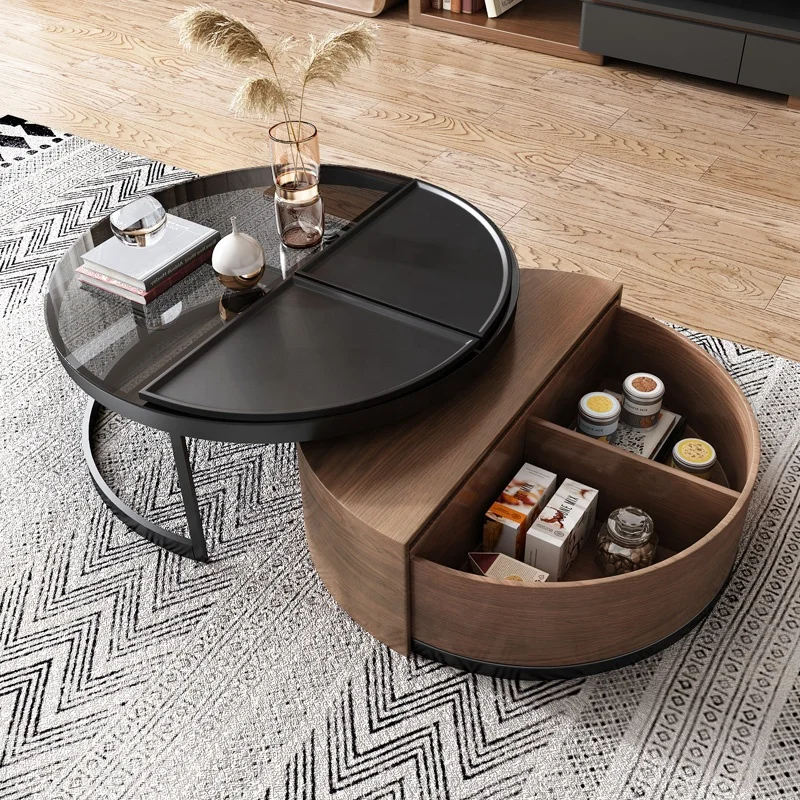 Living Room 360 Degree Rotation Modern Glass Top Wooden Storage Round Coffee Table Nordic