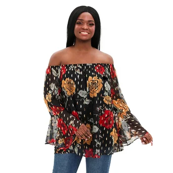 Woman's Off Shoulder Marilyn Neckline Printed Black Red Floral Chiffon With Foil And Mesh Lining Flare Sleeve Blouse