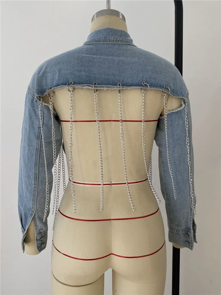 Sexy Backless Chains Tassel Cropped Denim Jacket 2022 Spring Autumn Women Ripped Holes Loose Short Jeans Jacket