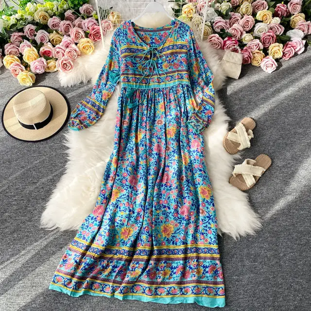 199 V neck beach dress women's floral long sleeve casual dress women's clothing long summer dresses women casual blue