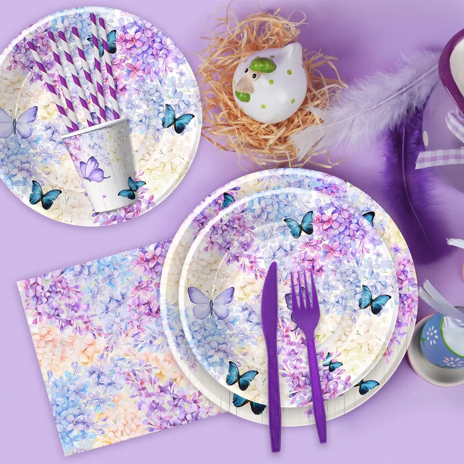 Purple Butterfly Theme Birthday Party Tableware Set Butterfly Pattern Decorations Party Plates Disposable Party Tableware